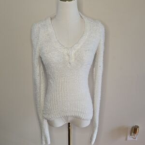 Bebe Cream Fuzzy Sweater Iconic Rhinestone Logo Vintage Y2K Glam